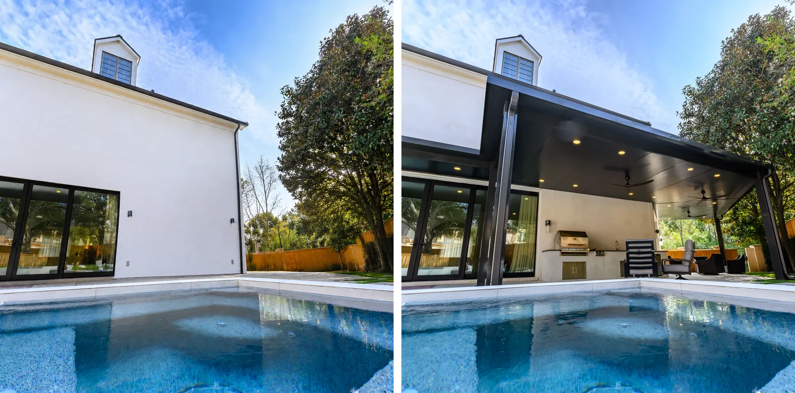 Houston backyard before and after an attached aluminum patio cover installation.